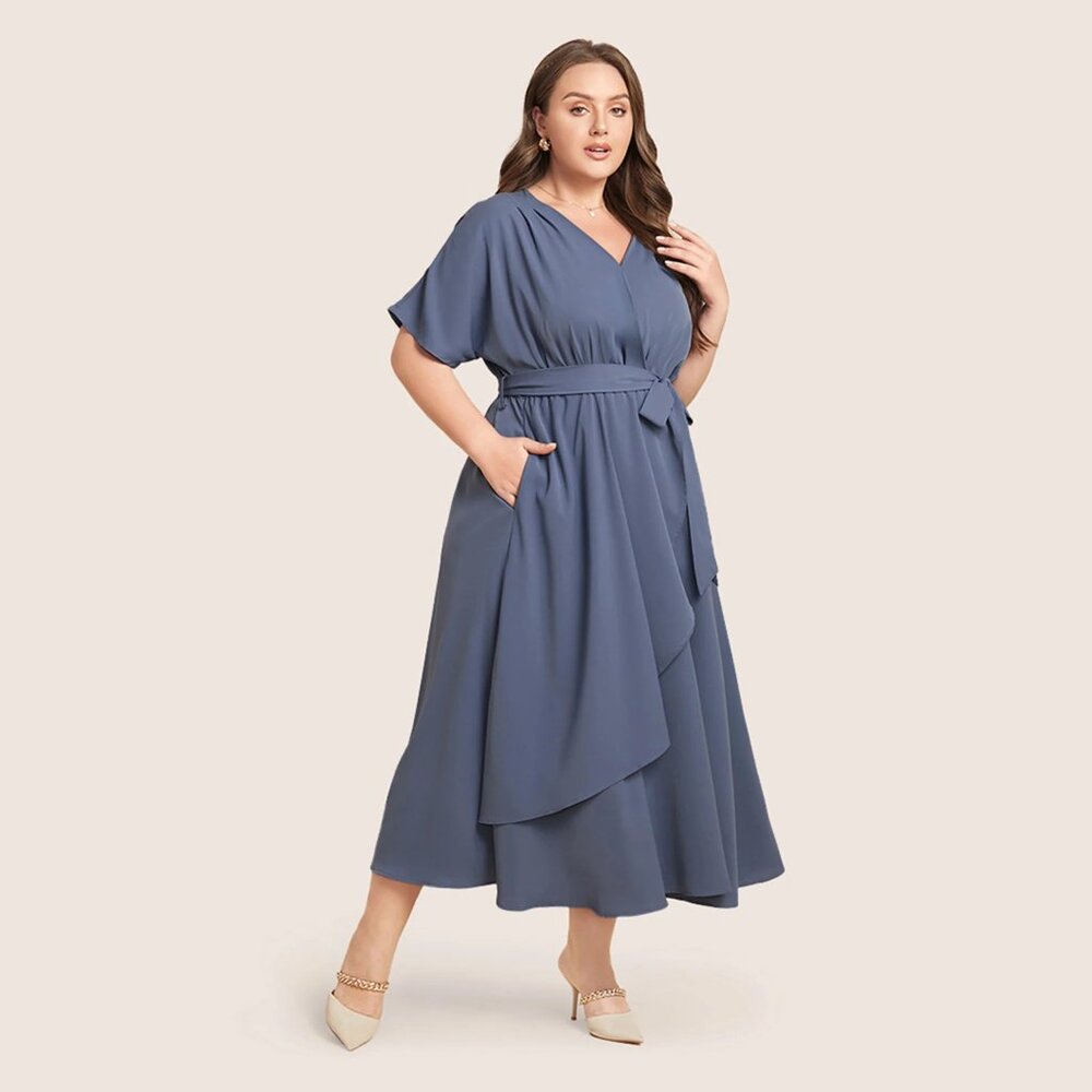 NWT BloomChic StonePlain Dolman Sleeve Pocket Belted Surplice Neck Flutter Dress - Picture 3 of 8